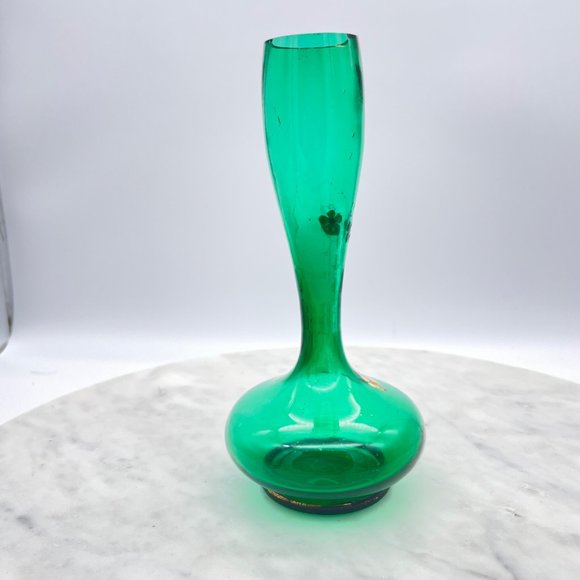 Emerald Green Bohemian Glass Bud Vase Pair Hand Blown Painted Fluted Unique Vint - Picture 13 of 14